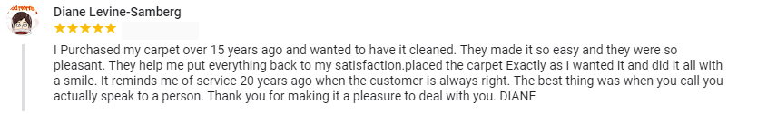 Témoignage cinq étoiles reçu d'un client heureux après avoir obtenu un service de nettoyage de tapis chez nous.